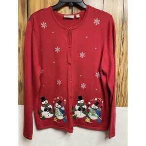 CROFT & BARROW woman L Red Cardigan Sweater Button Christmas Snowmen Snowflakes